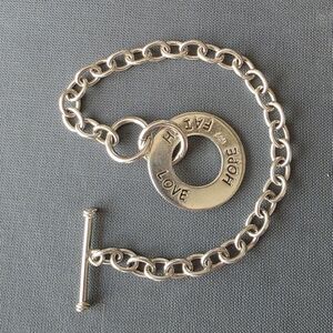 Sterling Silver FAITH LOVE HOPE Round Charm Toggle Bracelet 15.1 grams